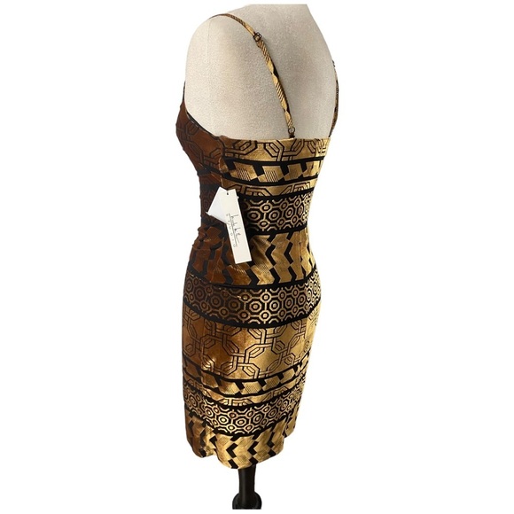 NWT NICHOLE MILLER BLACK/BRONZE VELVET BURNOUT AZTEC PRINT SPAGHETTI STRAP DRESS - Picture 10 of 16